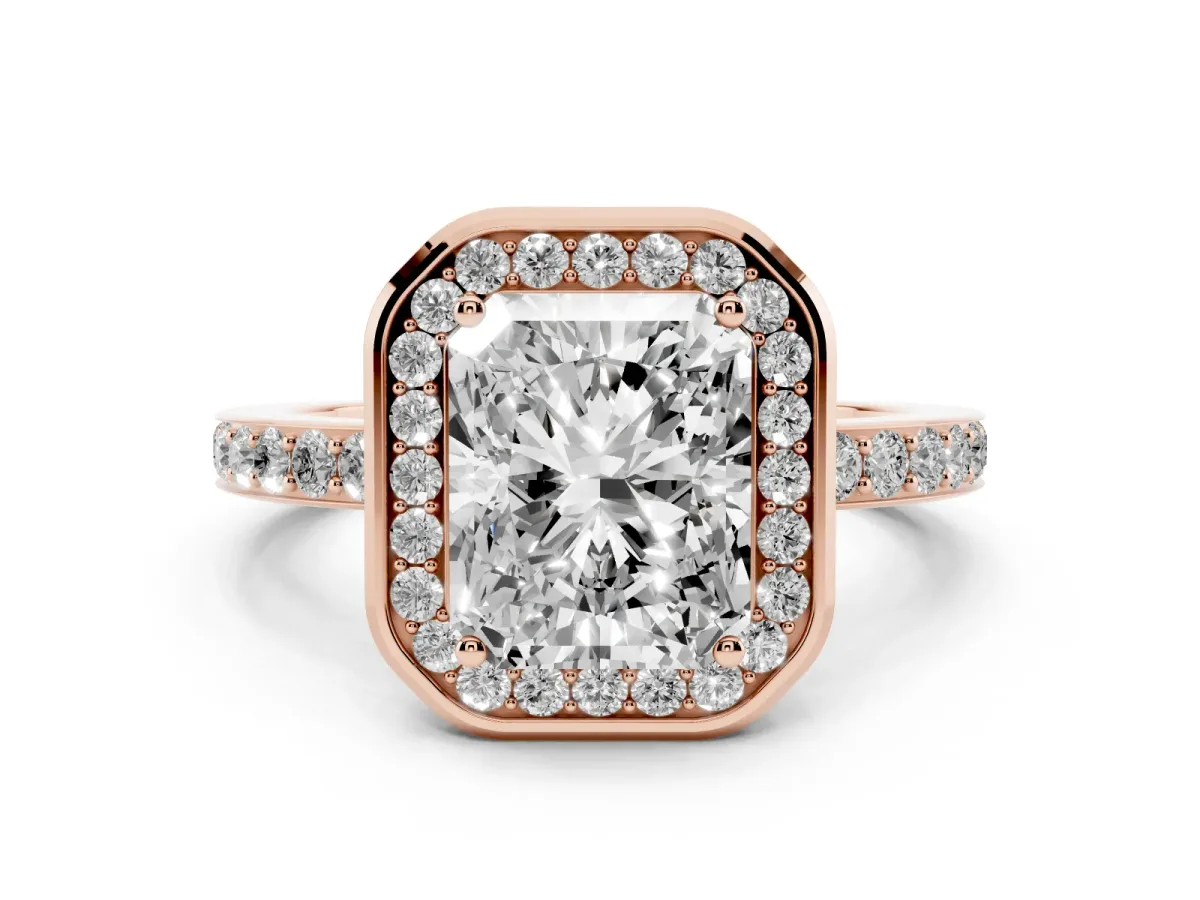 Radiant Cut Diamond Halo Ring with Bezel Frame and Pavé Band Rose gold