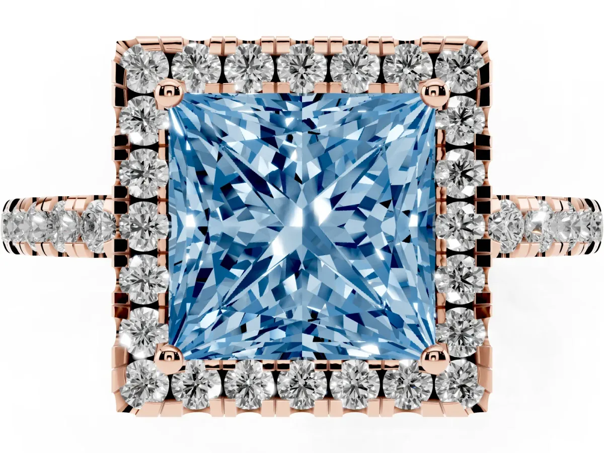 Fancy Blue Princess Cut Halo Diamond Engagement Ring with Pavé Band and Four-Prong Setting Rose gold
