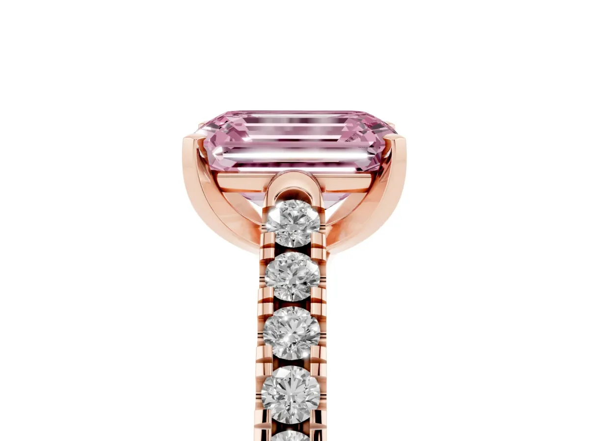 Fancy Pink Emerald Cut Diamond Pavé Band Solitaire Ring with Prong Setting Rose gold