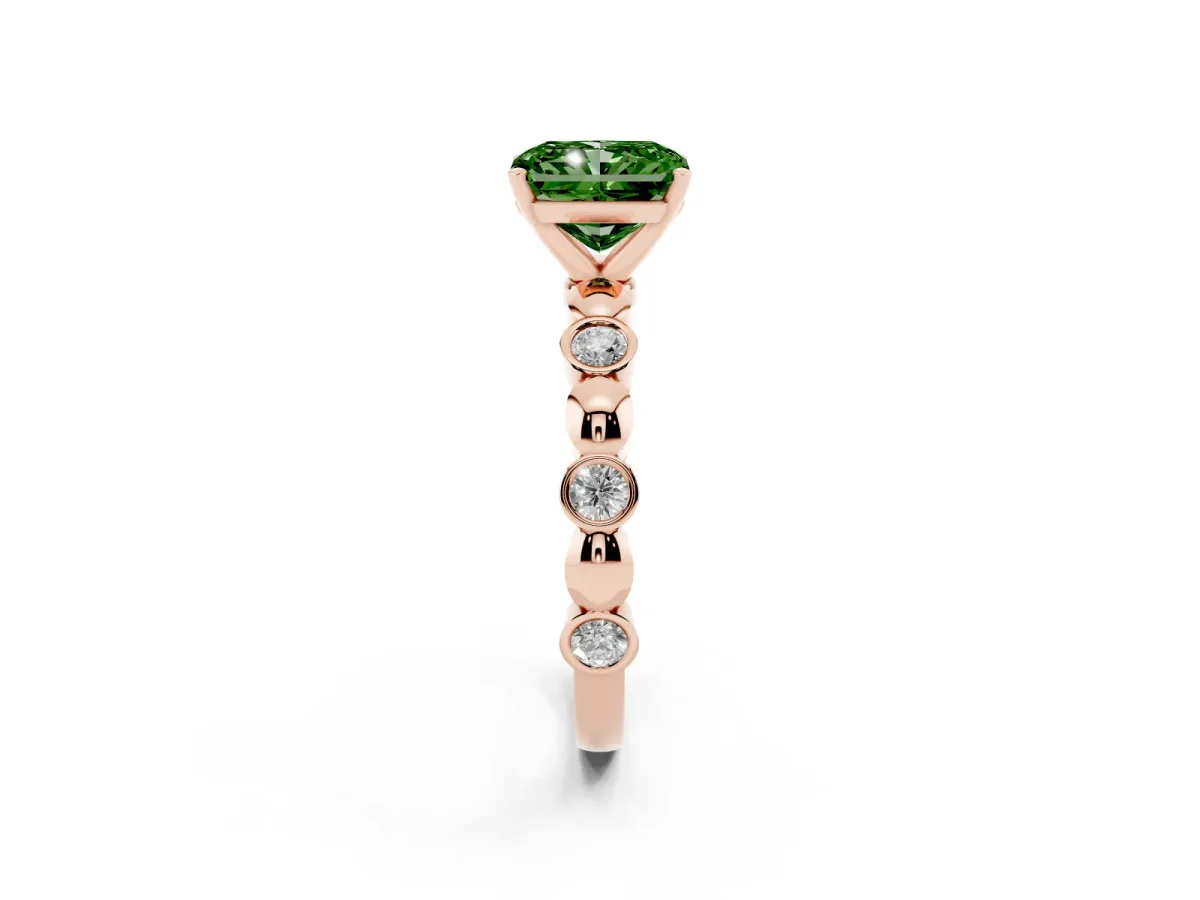 Fancy Green Radiant Cut Solitaire Bezel-Set Diamond Ring with Beaded Band and Four-Prong Setting Rose gold