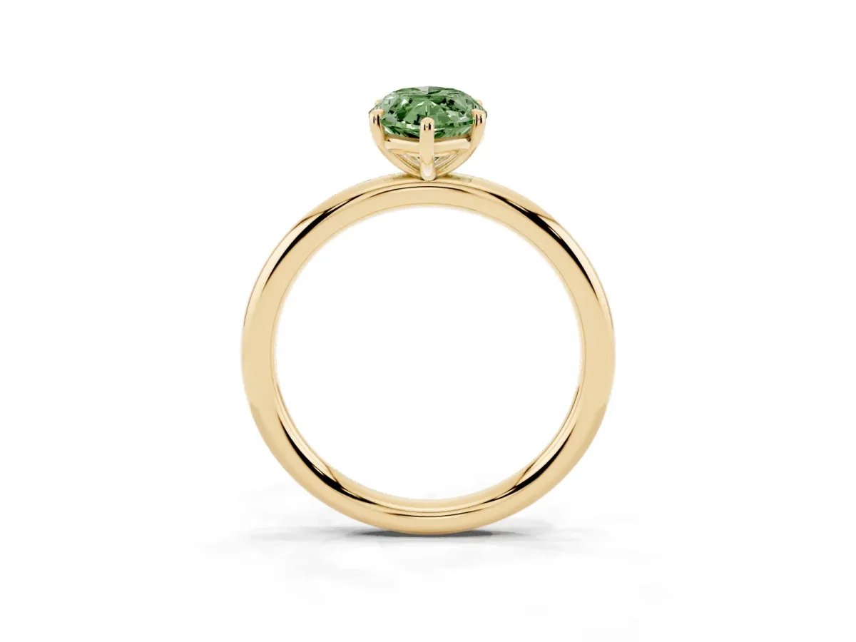 Fancy Green Marquise Cut Solitaire Diamond Ring with Four-Prong Setting on a Plain Band Yellow gold