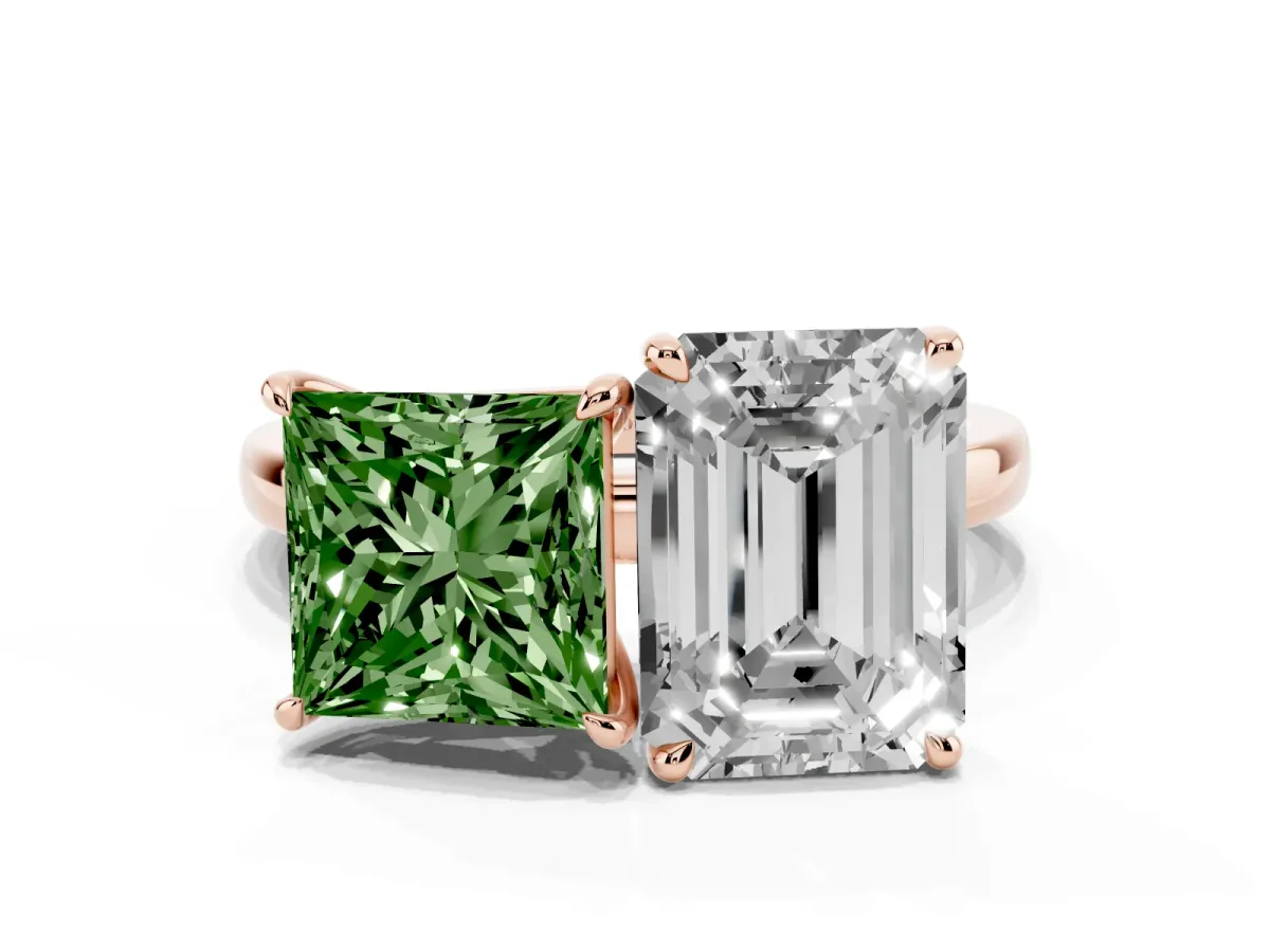 Fancy Green Princess Cut and Emerald Cut Toi Moi Ring with Prong Setting Rose gold