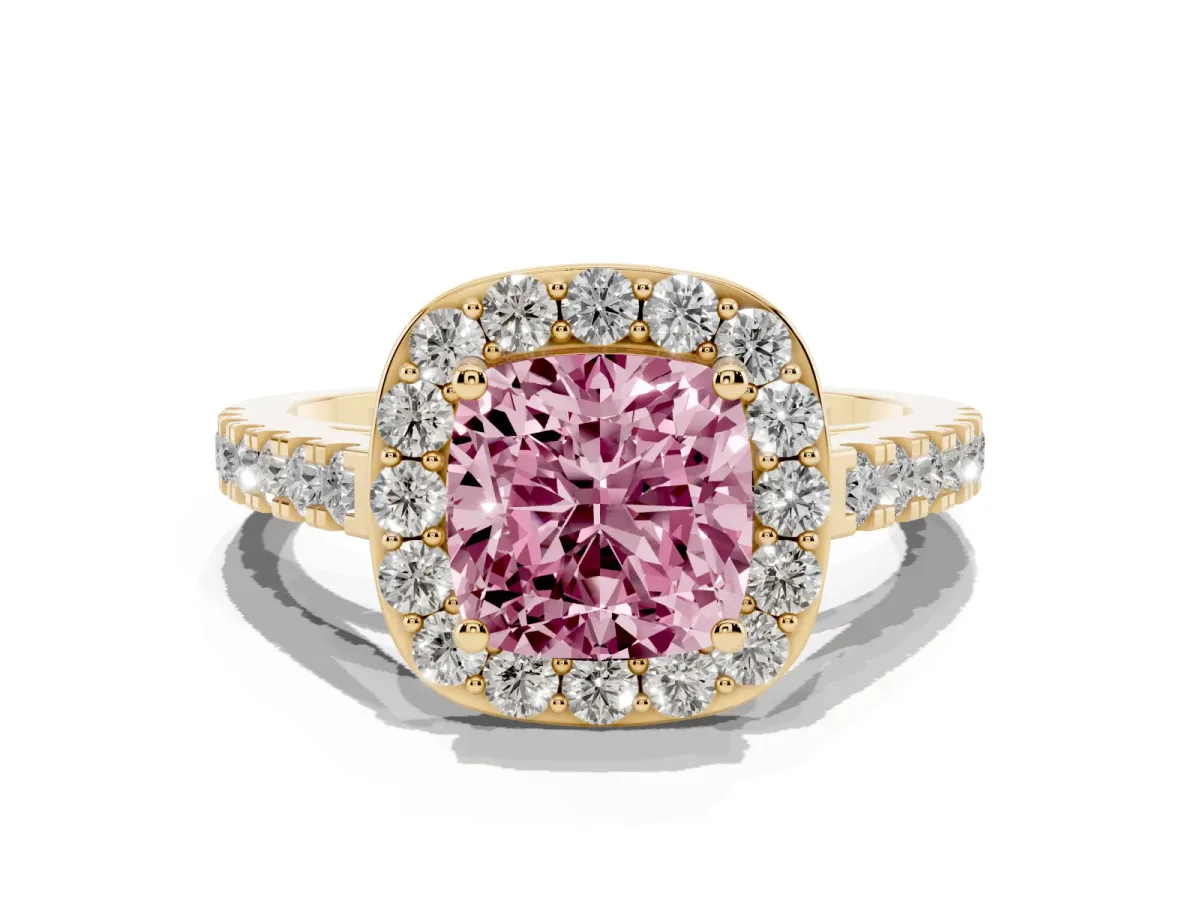 Fancy Pink Cushion Cut Diamond Halo Ring with Round Pavé Split Shank and Prong Setting Yellow gold