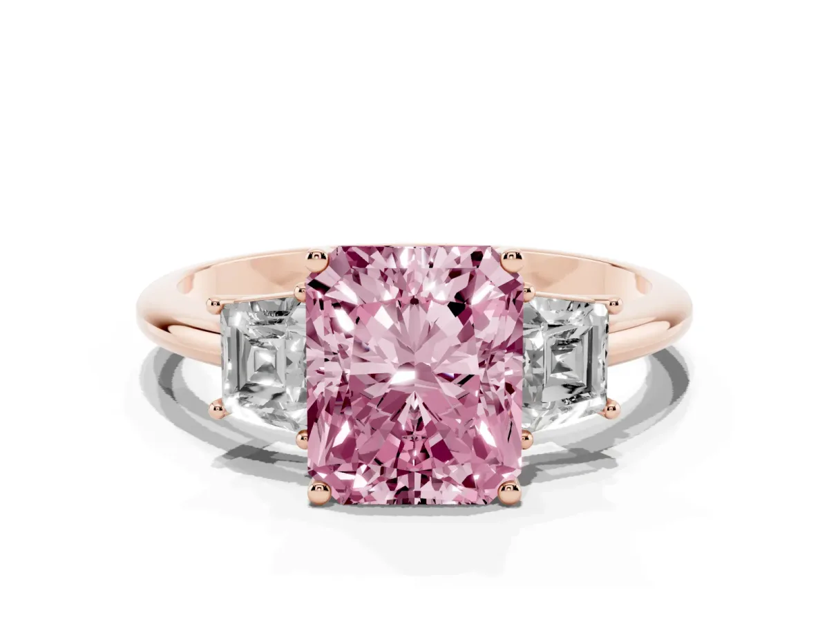 Fancy Pink Radiant Cut Diamond Three-Stone Ring with Trapezoid Side Stones and Prong Setting Rose gold