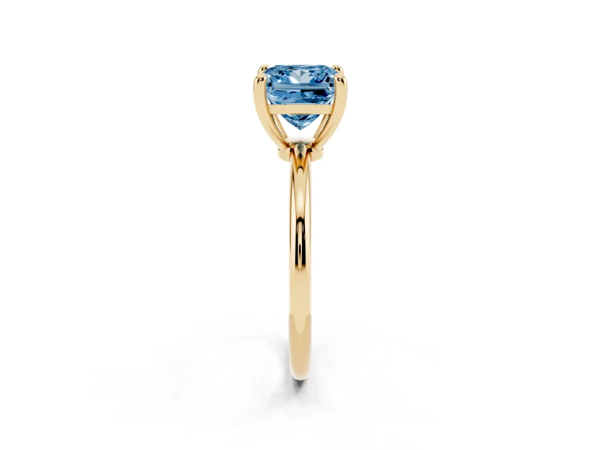 Fancy Blue Princess Cut Solitaire Diamond Ring with 4-Prong Setting on a Classic Band Yellow gold
