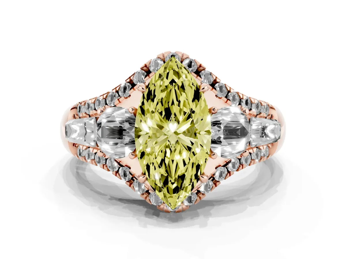 Fancy Yellow Three-Stone Marquise Cut Diamond Engagement Ring with Pave Band and Prong Setting Rose gold