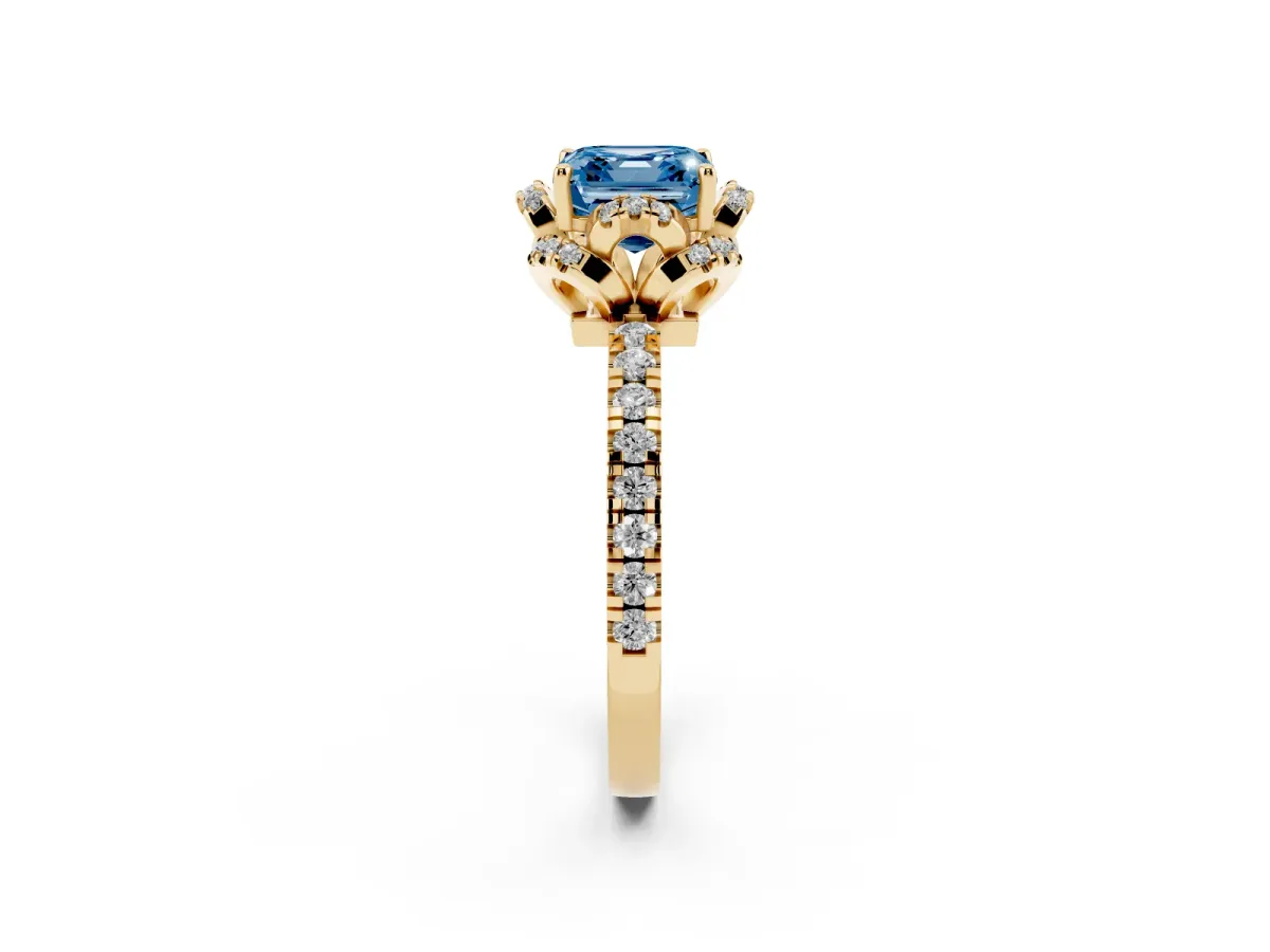 Fancy Blue Asscher Cut Halo Diamond Pave Band Ring with Four-Prong Setting Yellow gold