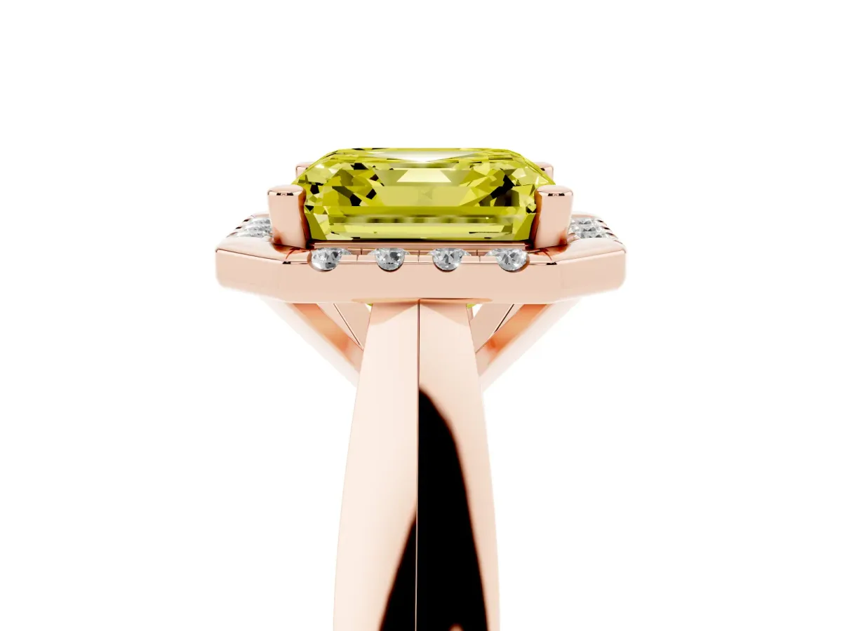 Fancy Yellow Asscher Cut Cut Halo Solitaire Engagement Ring with Square Band and Four-Prong Setting Rose gold