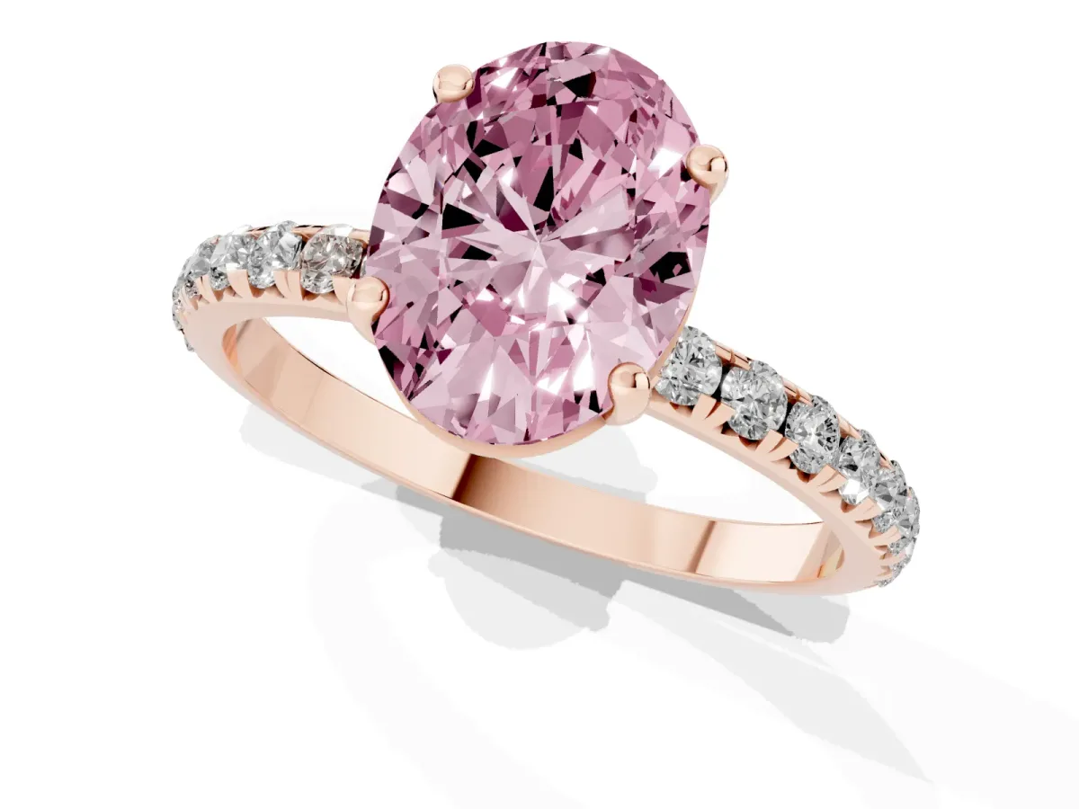 Fancy Pink Oval Cut Cut Diamond Solitaire Ring with Micro Pave Band and Four Prong Setting Rose gold