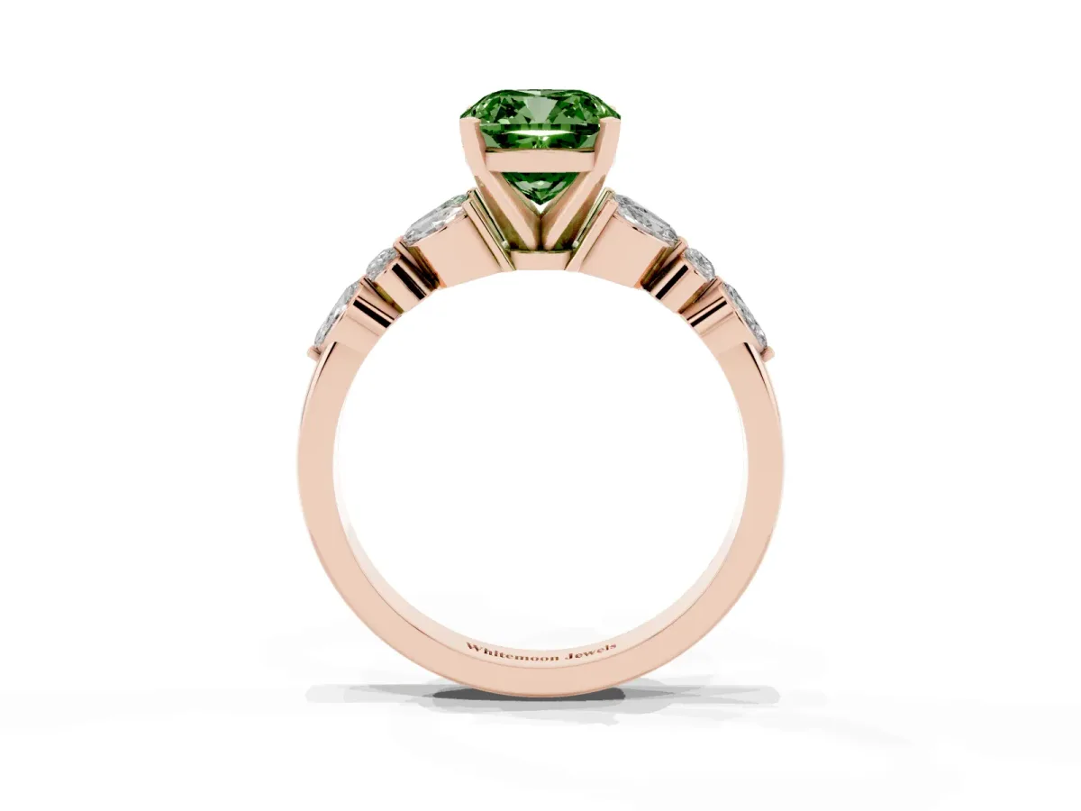 Fancy Green Cushion Cut Diamond Solitaire Ring with Side Stones and Four-Prong Setting Rose gold