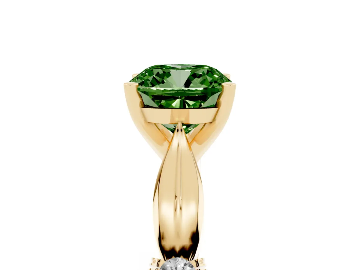 Fancy Green Cushion Cut Solitaire Diamond Twisted Band with Four-Prong Setting Yellow gold
