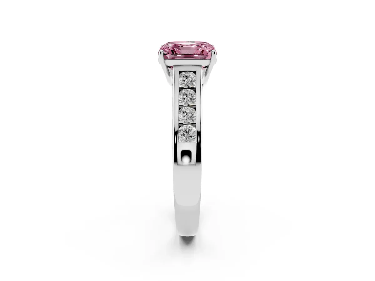 Fancy Pink Asscher Cut Brilliant Channel-Set Solitaire Ring with Four-Prong Setting Silver