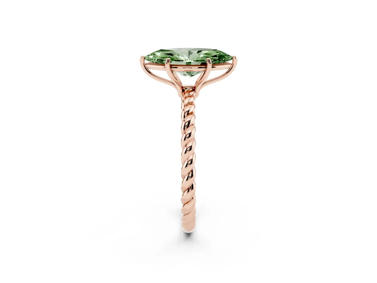 Fancy Green Marquise Cut Solitaire Twist Band Ring with Four-Prong Setting Rose gold