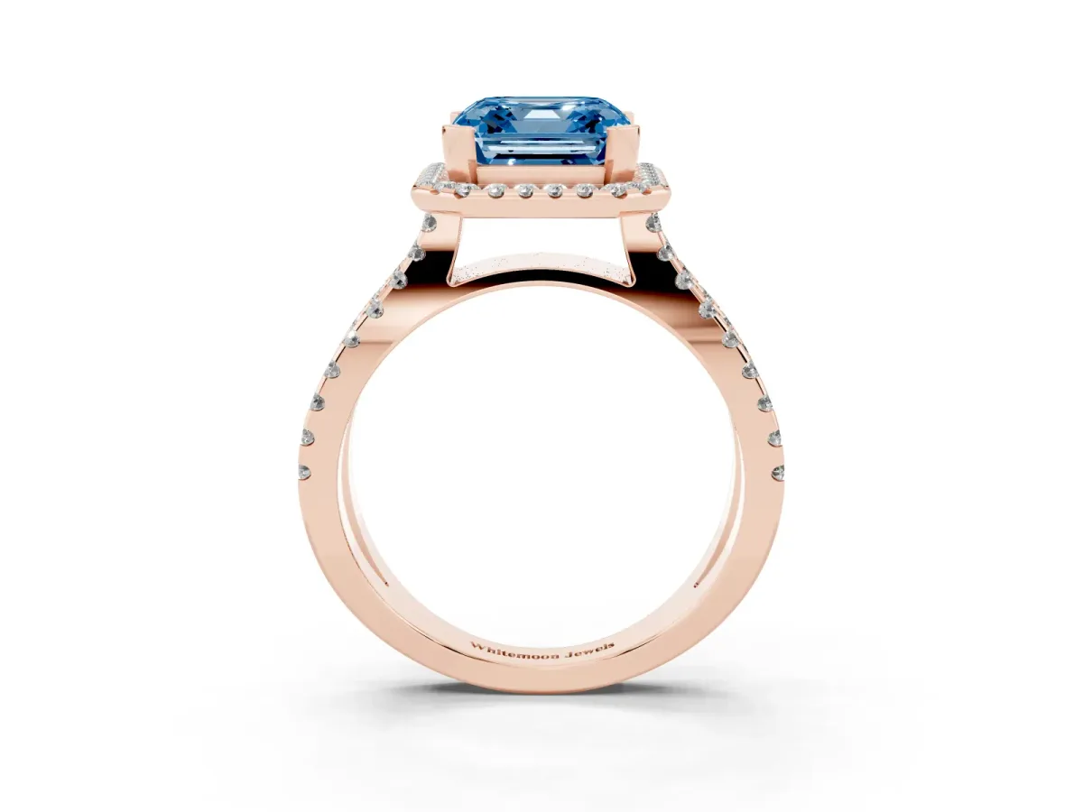 Fancy Blue Asscher Cut Diamond Halo Ring with Split Shank Pavé Band and Prong Setting Rose gold
