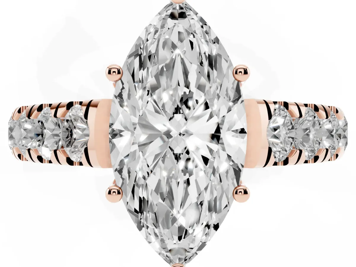 Marquise Cut Cut Diamond Solitaire Ring with Micro Pave Band and Prong Setting Rose gold