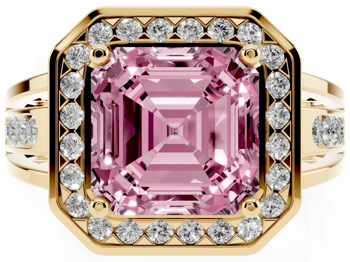 Fancy Pink Asscher Cut Diamond Halo Ring with Split Shank and Bezel Accents and Prong Setting Yellow gold