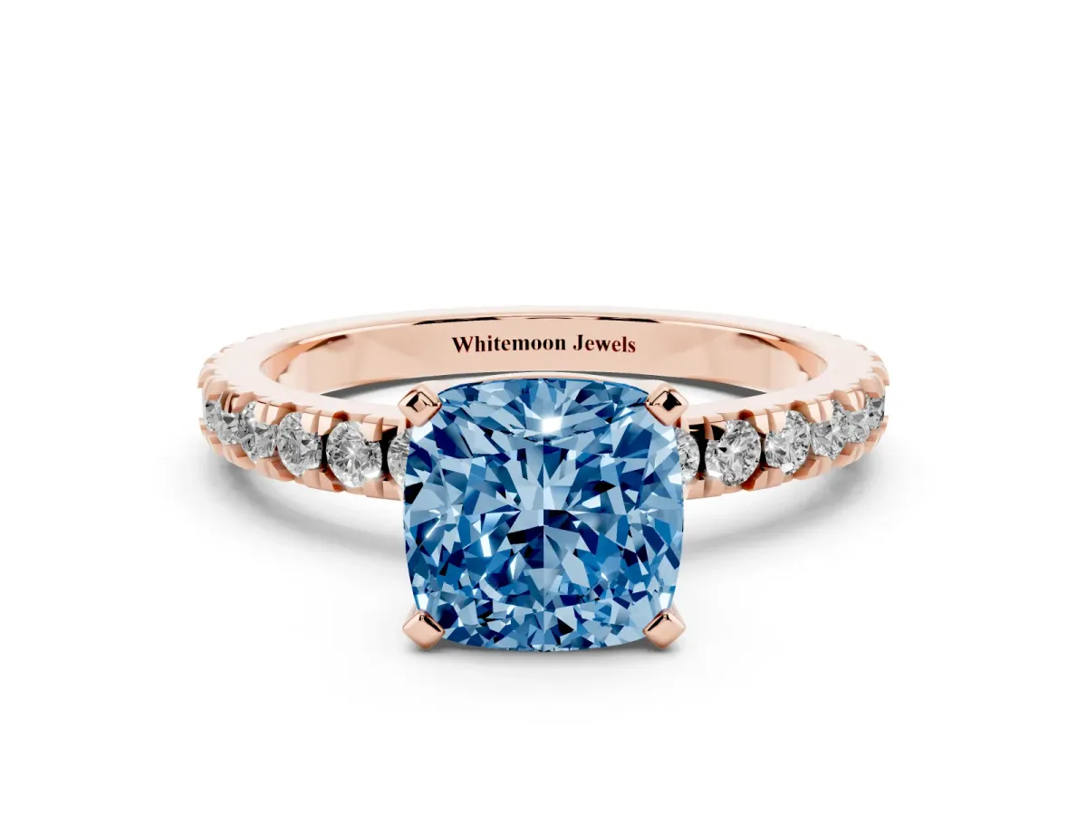 Fancy Blue Cushion Cut Diamond Pavé Band Solitaire with Four-Prong Setting Rose gold