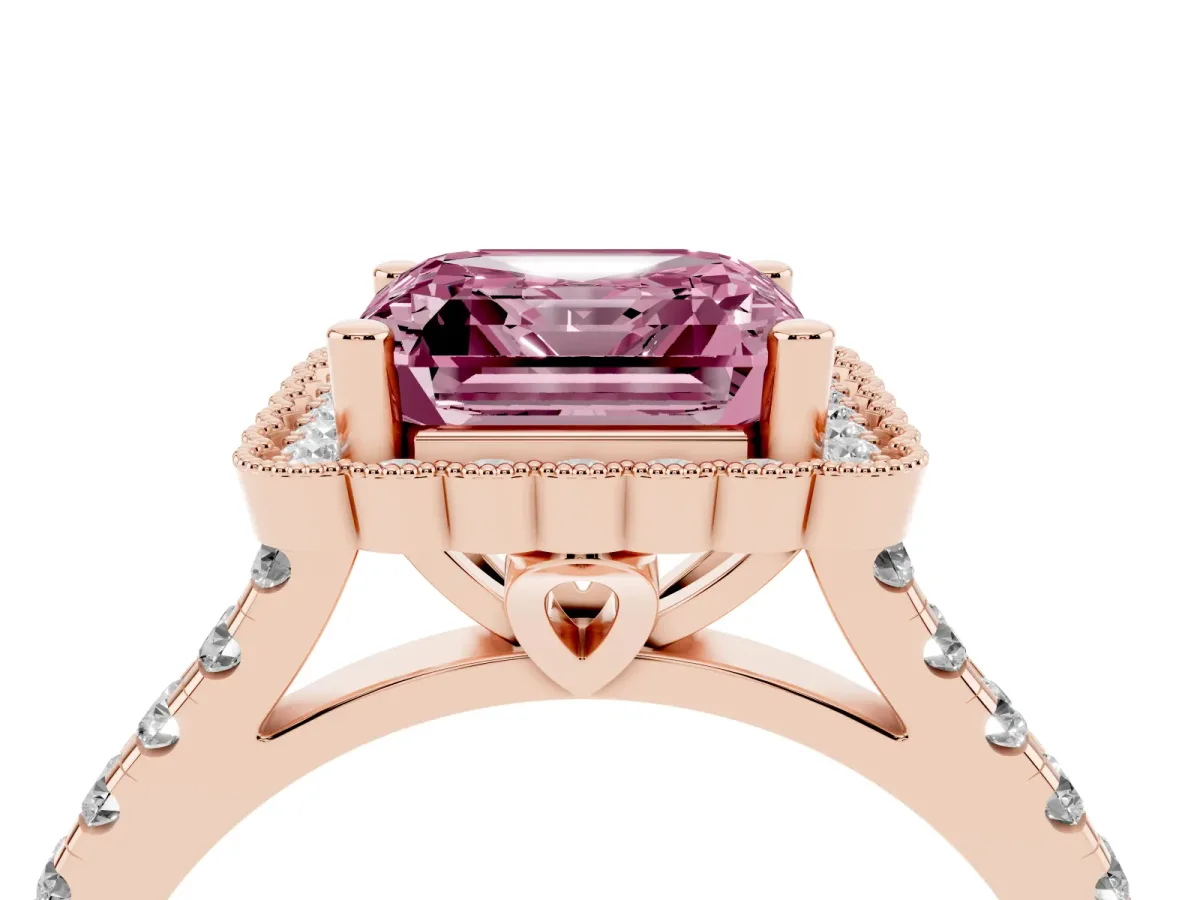 Fancy Pink Asscher Cut Cut Diamond Milgrain Floral Halo Engagement Ring with Pavé Band Rose gold