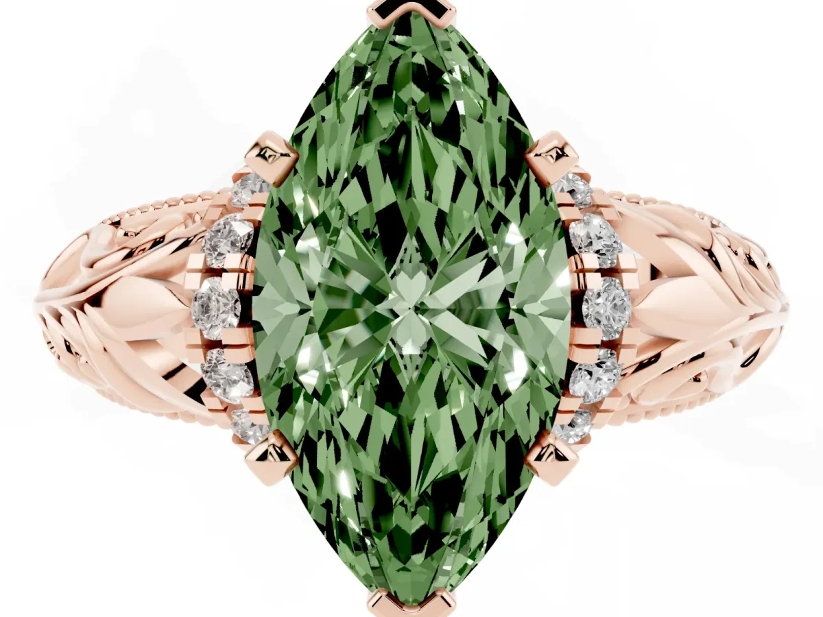 Fancy Green Marquise Cut Solitaire Filigree Engagement Ring with Halo and Prong Setting Rose gold