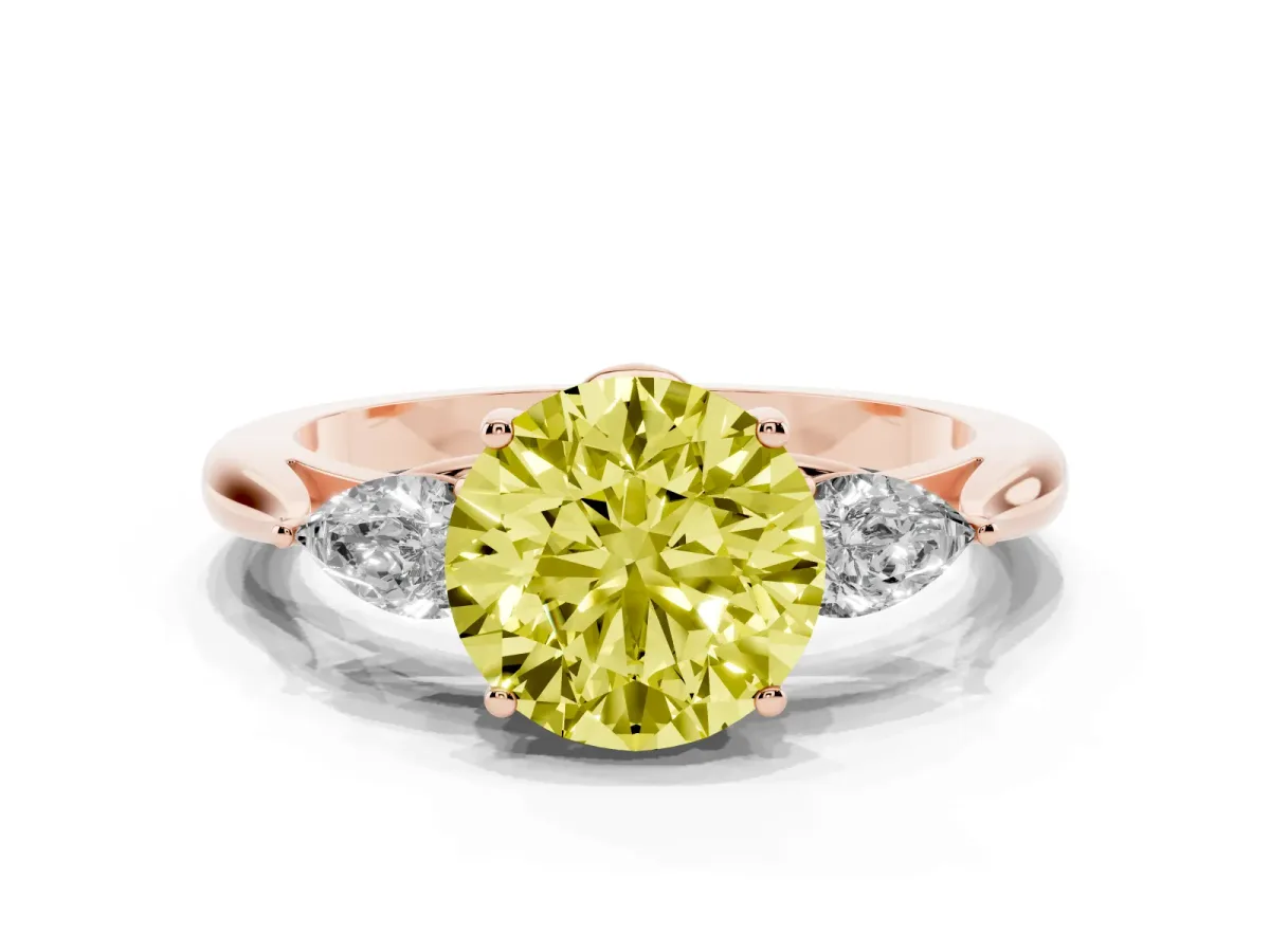 Fancy Yellow Three-Stone Round Cut Diamond Ring with Pear Side Stones in Four-Prong Setting Rose gold