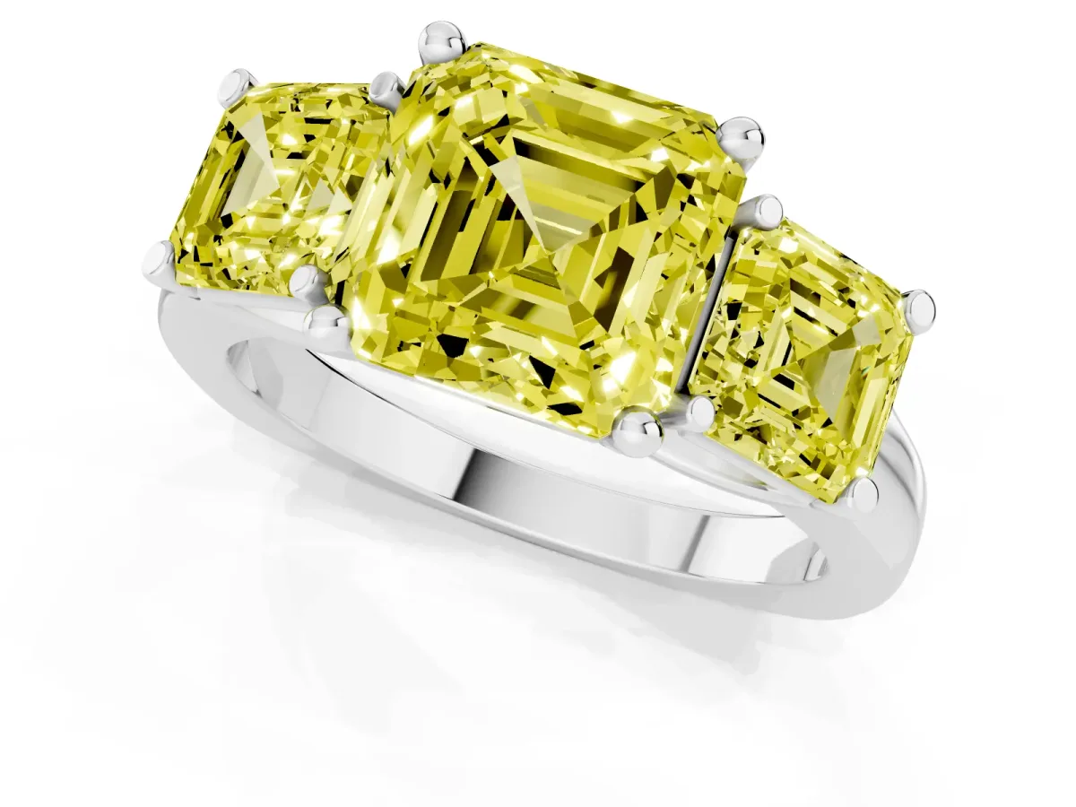 Fancy Yellow Three-Stone Asscher Cut Brilliant Diamond Trellis Ring with Comfort Fit Band Silver