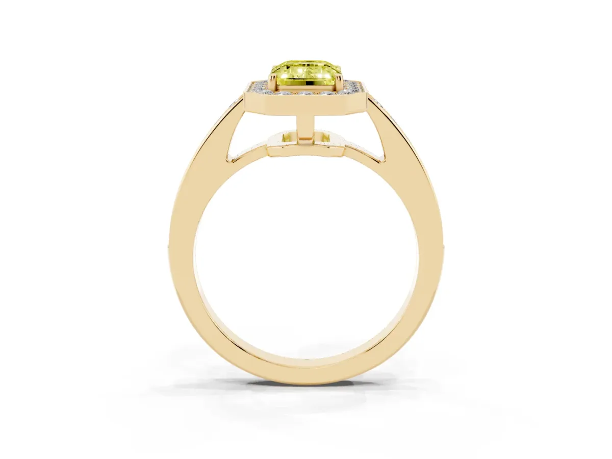 Fancy Yellow Emerald Cut Halo Pavé Diamond Engagement Ring with Bezel Setting Yellow gold