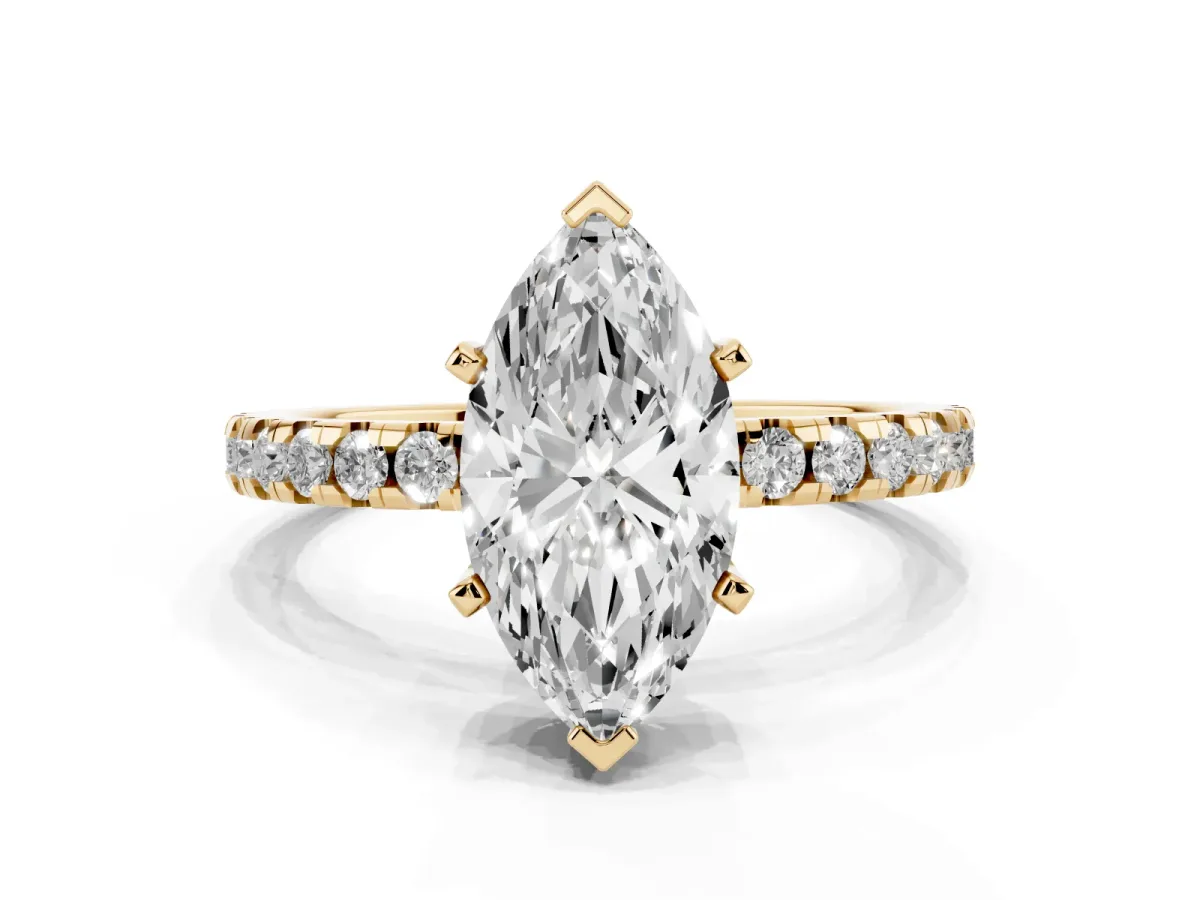 Marquise Cut Diamond Solitaire Ring with Round Pavé Band and Four-Prong Setting Yellow gold