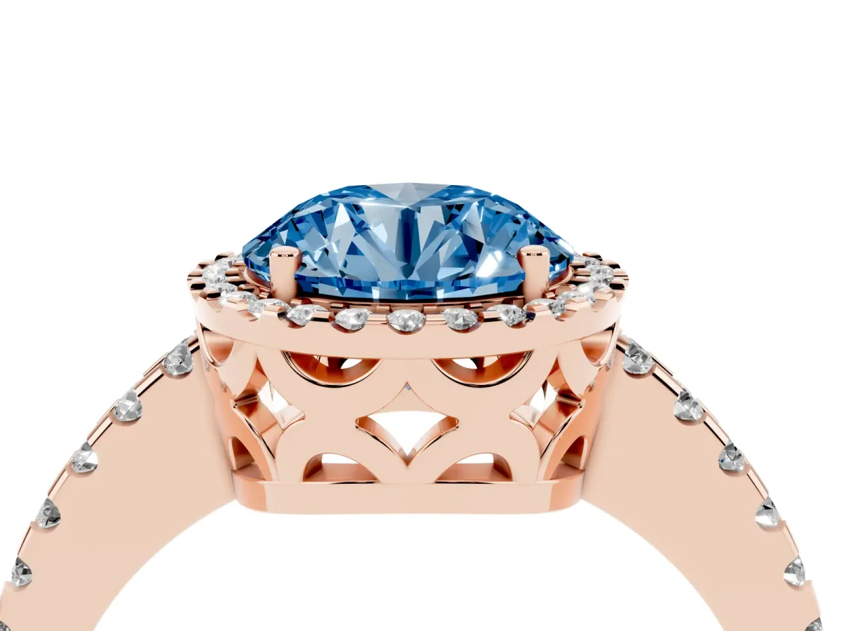Fancy Blue Round Cut Diamond Halo Engagement Ring with Pavé Band and Prong Setting Rose gold