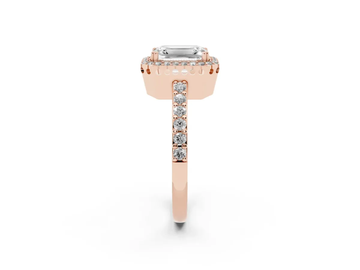 Emerald Cut Cut Diamond Halo Engagement Ring with Milgrain Detail and Pavé Band Rose gold