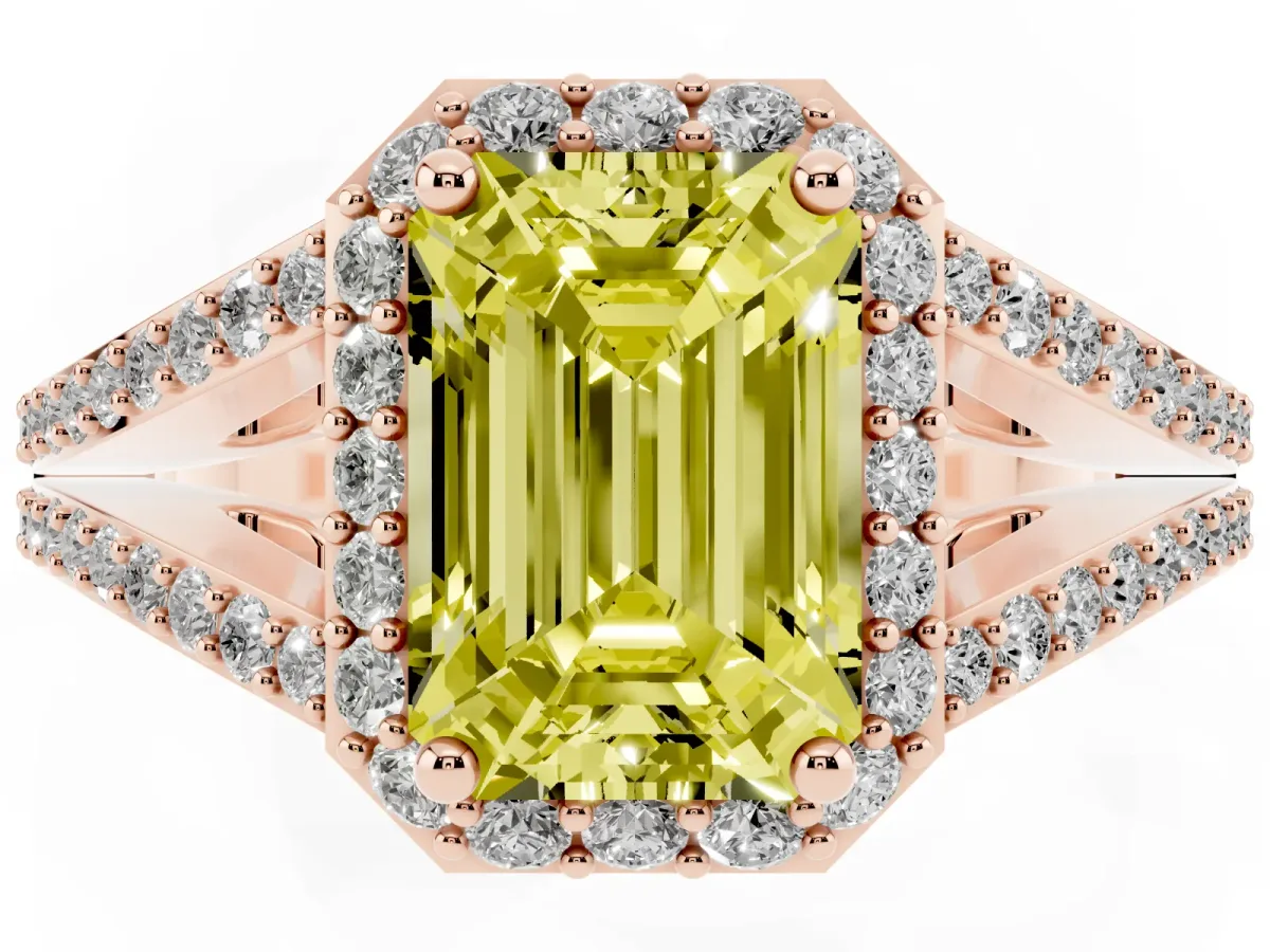 Fancy Yellow Emerald Cut Halo Split Shank Pave Diamond Ring with Four-Prong Setting Rose gold
