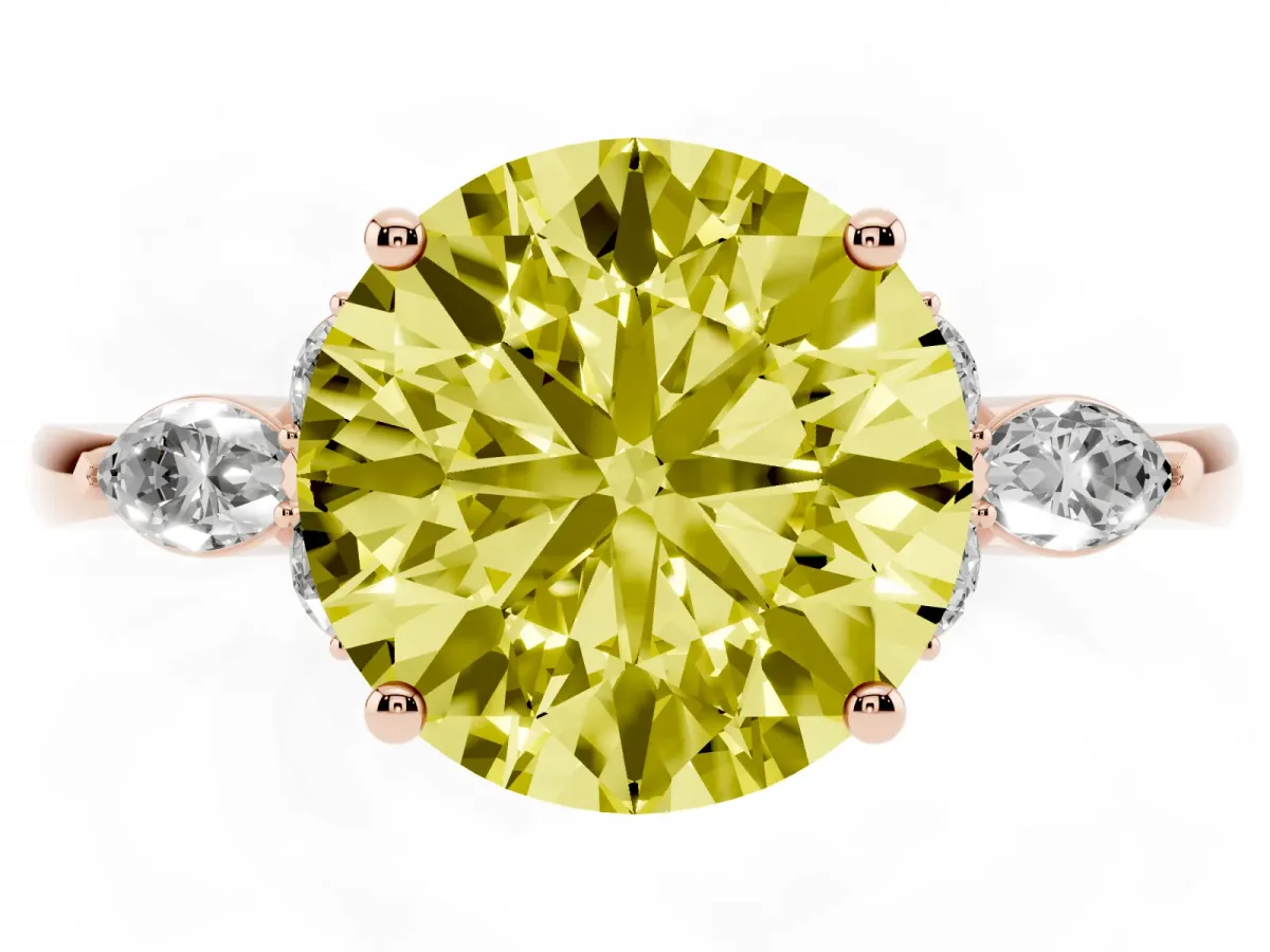 Fancy Yellow Round Cut Brilliant Diamond Solitaire Ring with Pear Side Stones and Four-Prong Setting Rose gold