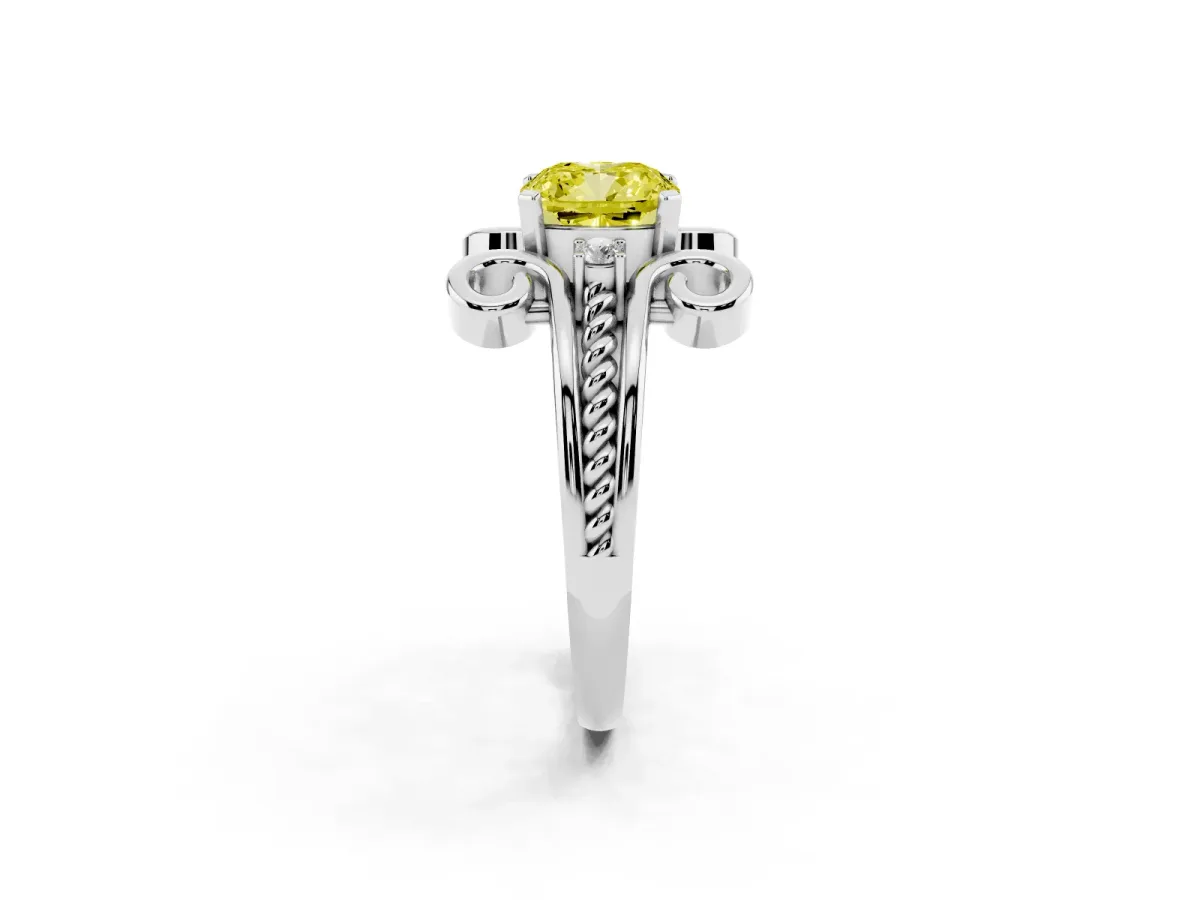 Fancy Yellow Cushion Cut Solitaire Twisted Band Scroll Prong Ring Platinum