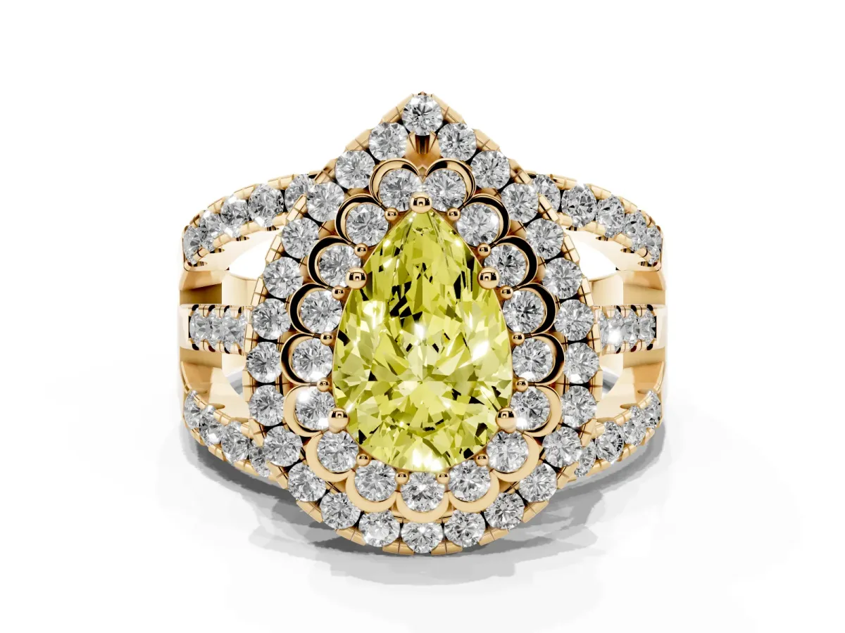 Fancy Yellow Pear Cut Diamond Double Halo Ring with Round Pavé Split Shank and Prong Setting Yellow gold