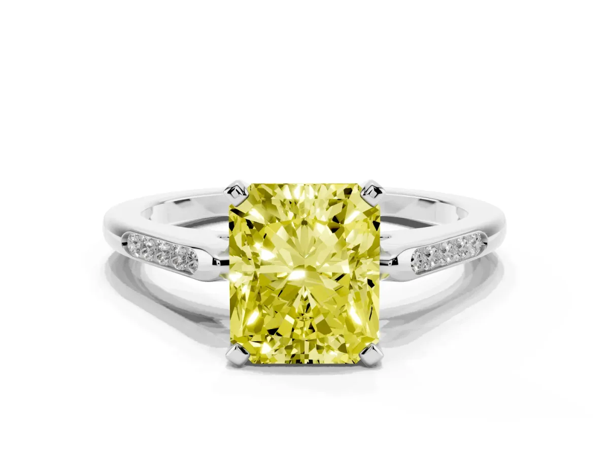Fancy Yellow Radiant Cut Diamond Solitaire Ring with Channel Set Round Band and Prong Setting Platinum