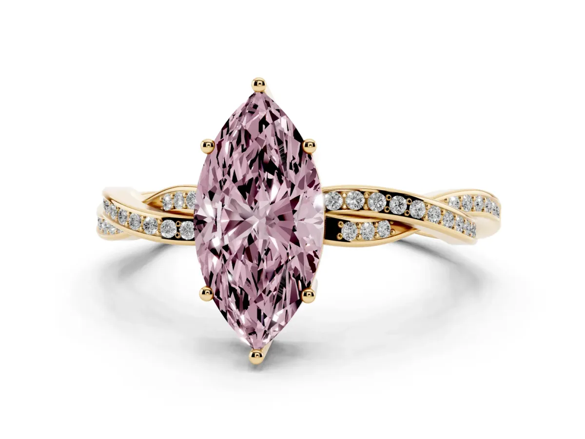 Fancy Pink Marquise Cut Solitaire Twisted Pave Diamond Ring with Four-Prong Setting Yellow gold