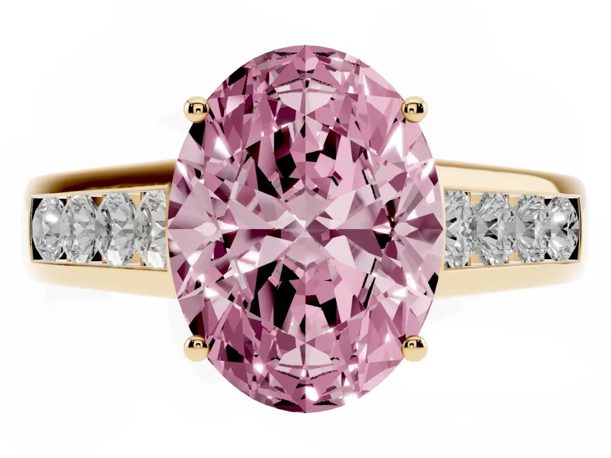 Fancy Pink Oval Cut Solitaire Channel-Set Diamond Engagement Ring with Four-Prong Setting Yellow gold