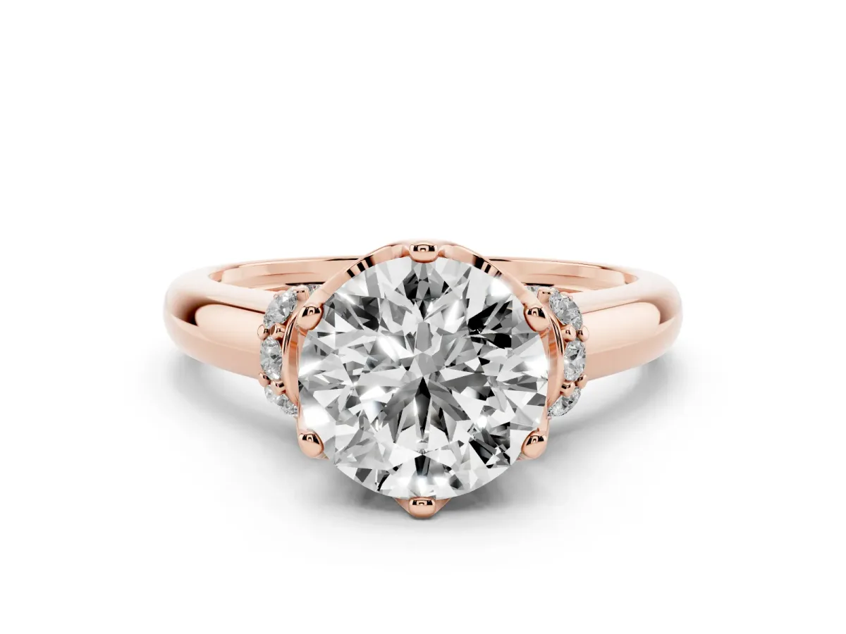 Round Cut Brilliant Solitaire Cathedral Engagement Ring with Pave Accents Rose gold