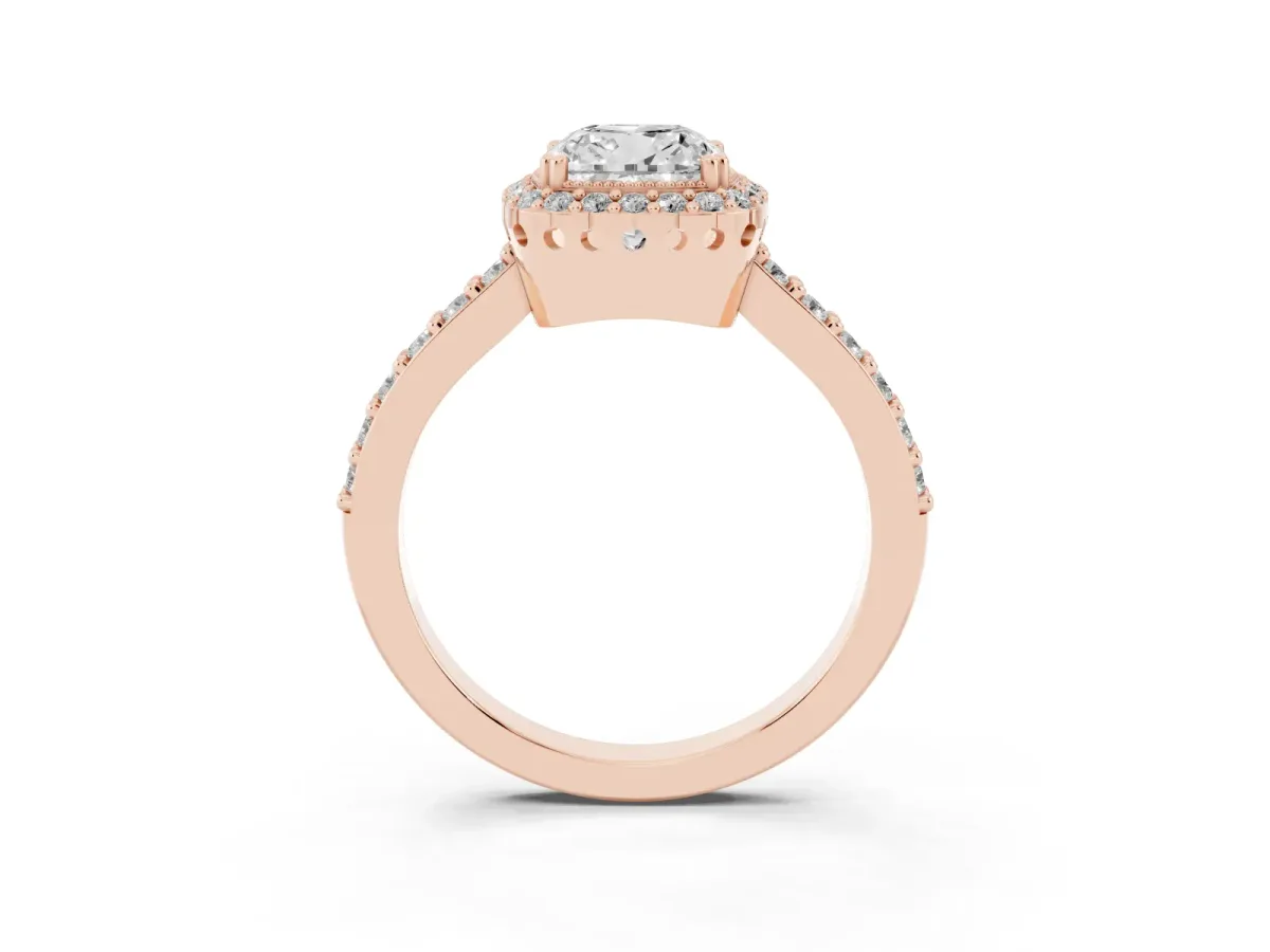 Cushion Cut Cut Diamond Halo Engagement Ring with Milgrain Detail and Pavé Band Rose gold