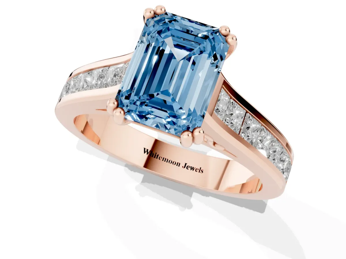 Fancy Blue Emerald Cut Cut Channel Set Solitaire Engagement Ring with Prong Setting Rose gold