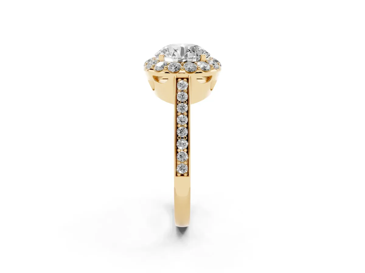 Round Cut Diamond Floral Halo Ring with Pavé Band and Prong Setting Yellow gold