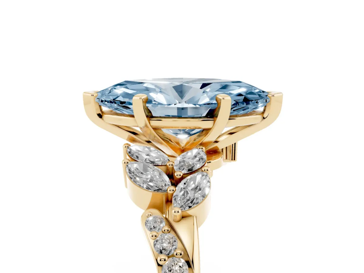 Fancy Blue Marquise Cut Solitaire Marquise Twist Band with Six-Prong Setting Yellow gold