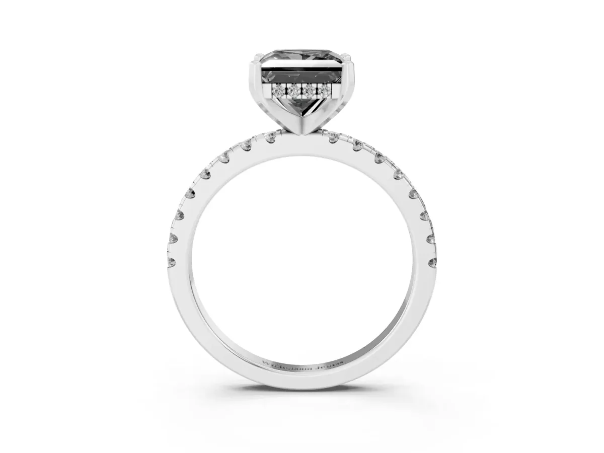 Fancy Black Princess Cut Diamond Solitaire Ring with Round Pavé Band and Four-Prong Setting Silver