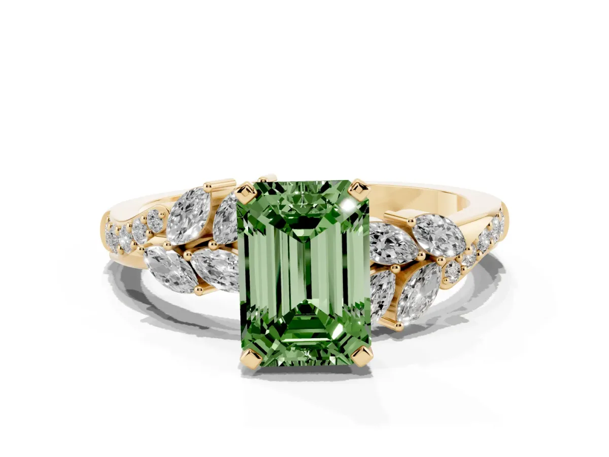 Fancy Green Emerald Cut Solitaire Marquise Twist Band with Six-Prong Setting Yellow gold