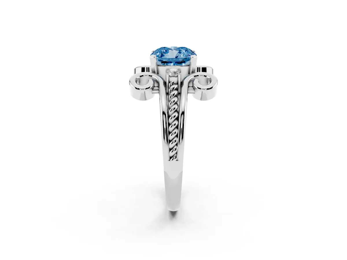 Fancy Blue Cushion Cut Solitaire Twisted Band Scroll Prong Ring Silver
