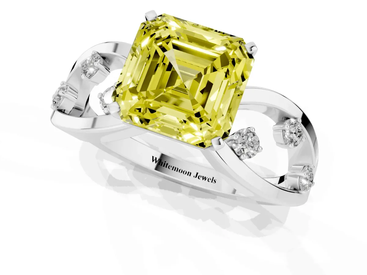 Fancy Yellow Asscher Cut Cut Solitaire Diamond with Side Stones on Criss-Cross Band and Four-Prong Setting White gold