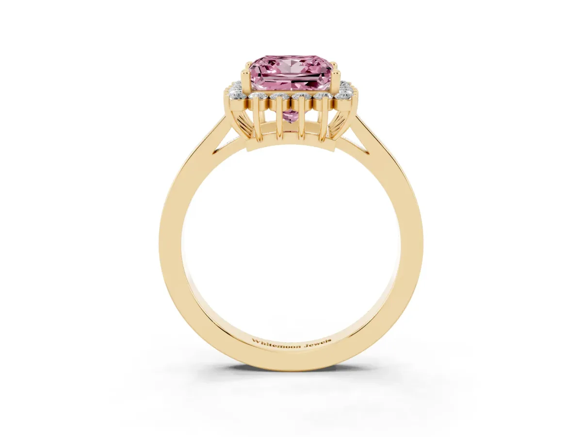 Fancy Pink Princess Cut Cut Diamond Halo Ring with Round Brilliant Halo and Solitaire Band Yellow gold