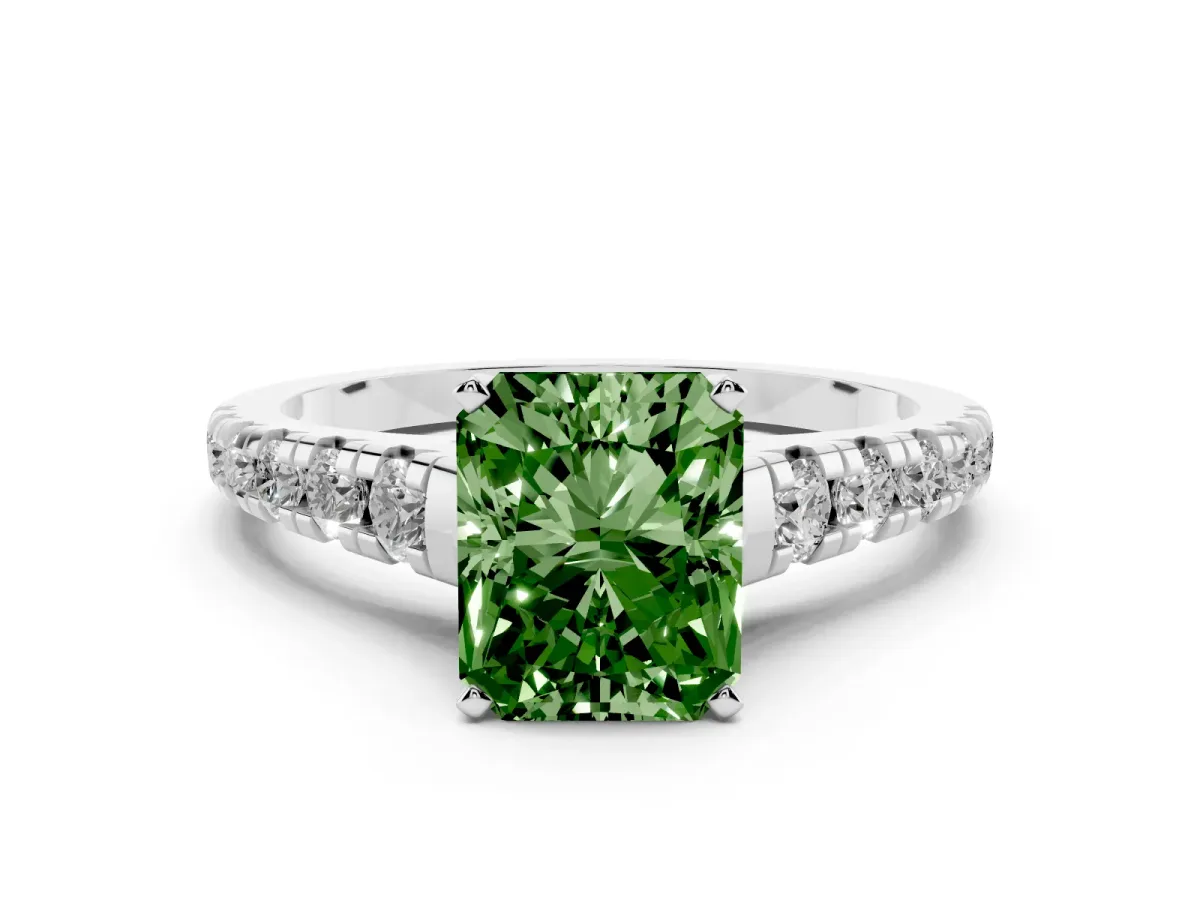 Fancy Green Radiant Cut Diamond Cathedral Solitaire Ring with Round Pavé Band Silver