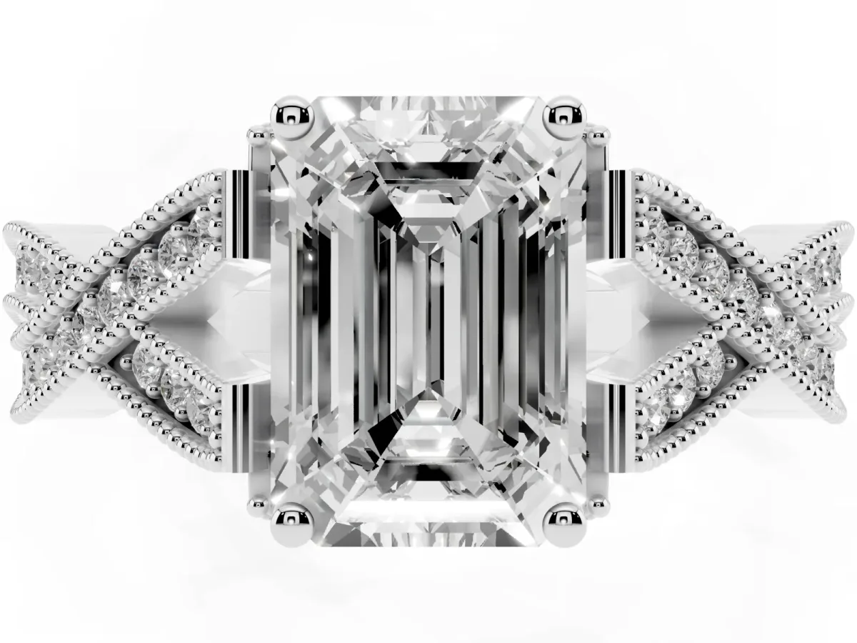 Emerald Cut Cut Diamond Twisted Band with Milgrain Pave Setting and Four-Prong Setting Silver