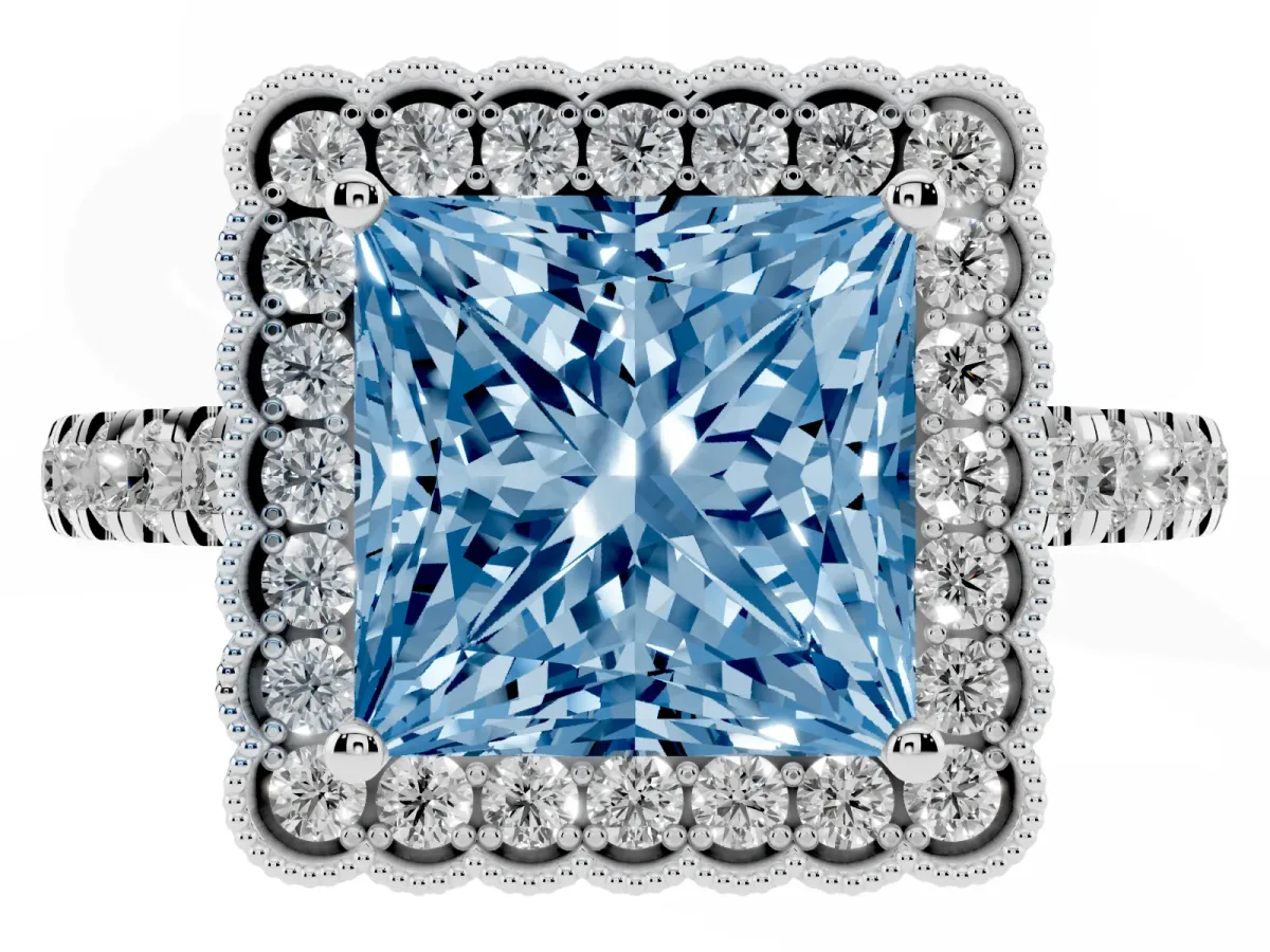 Fancy Blue Princess Cut Cut Diamond Milgrain Floral Halo Engagement Ring with Pavé Band Platinum