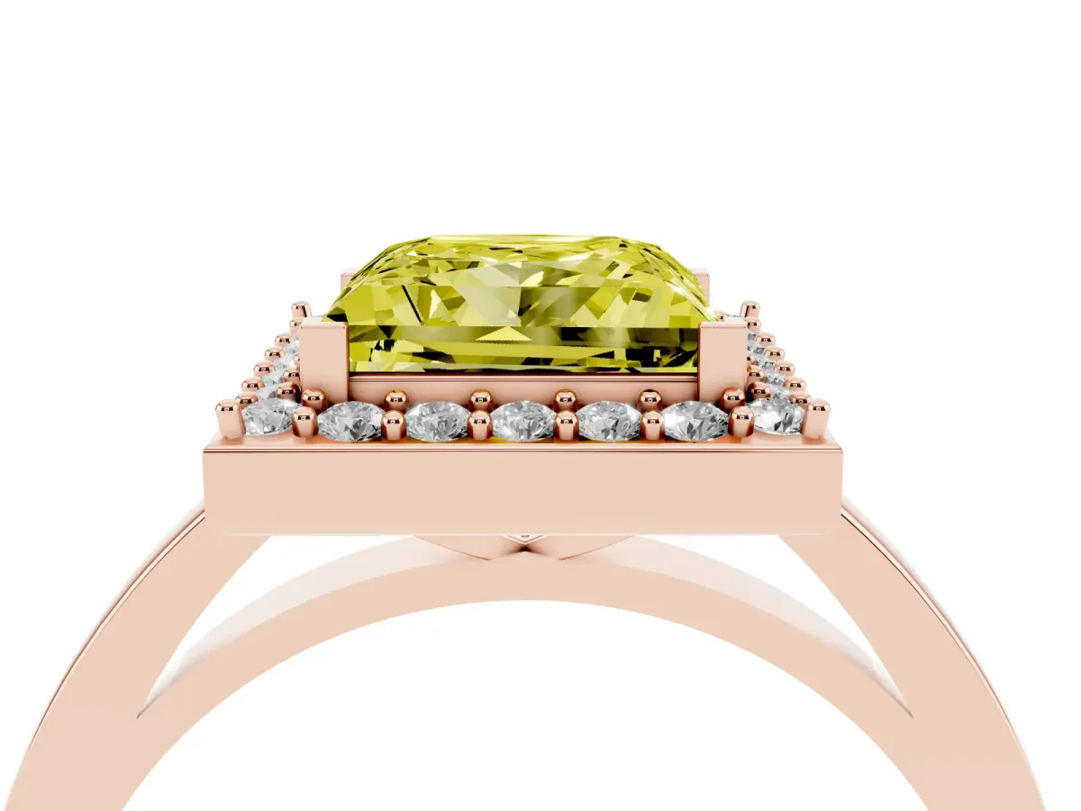 Fancy Yellow Princess Cut Halo Diamond Ring with Solitaire Band and Prong Setting Rose gold